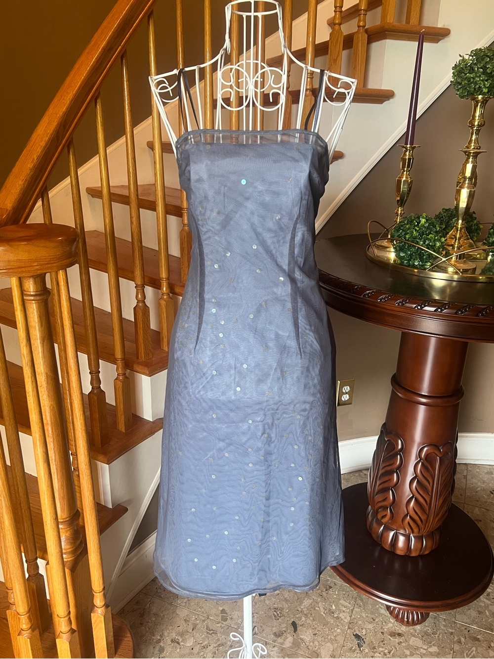 Vintage Y2K Express Fairycore Blue Sheer Mesh Sequin Slip Dress Whimsical Sz 1/2